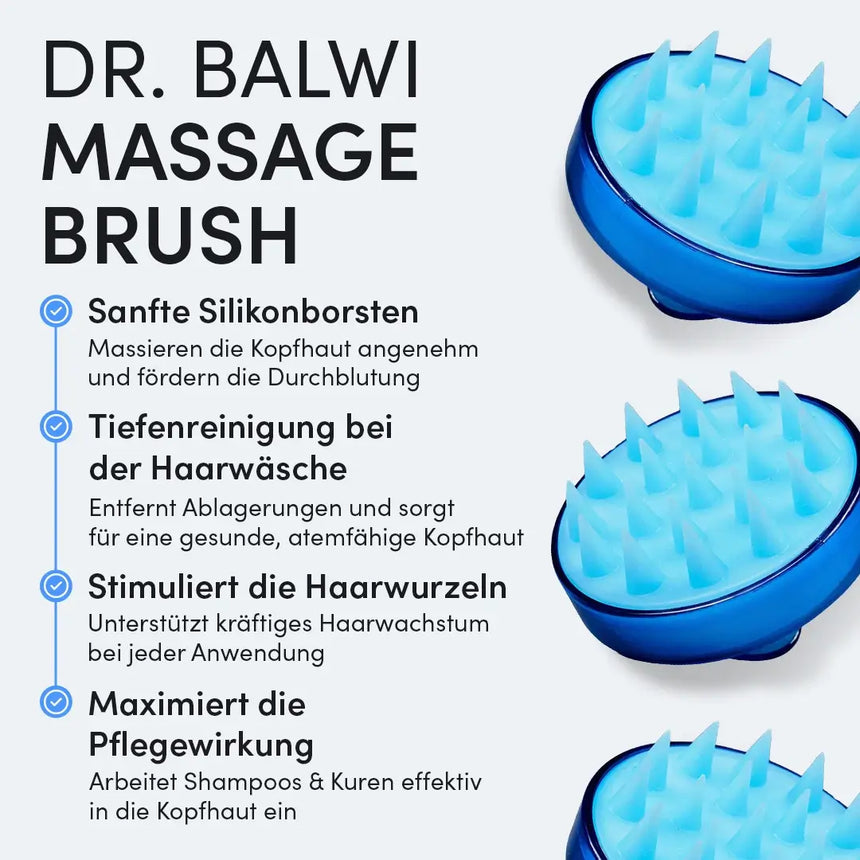 Die Dr. Balwi Massagebürste aus dem Dr. Balwi Shop ist in blau mit weichen Silikonborsten abgebildet. Der deutsche Text betont tiefe Reinigung, fördert Haarwachstum durch Kopfmassage und maximale Wirksamkeit der Haarpflege.