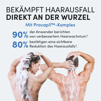 Ein Mann und eine Frau waschen sich die Haare und präsentieren dabei das Dr. Balwi Meso Therapie Set - 90 % sehen ein verbessertes Haarwachstum und 80 % bemerken weniger Haarausfall, dank des wirksamen Serums, das die Ursache des Problems angeht.