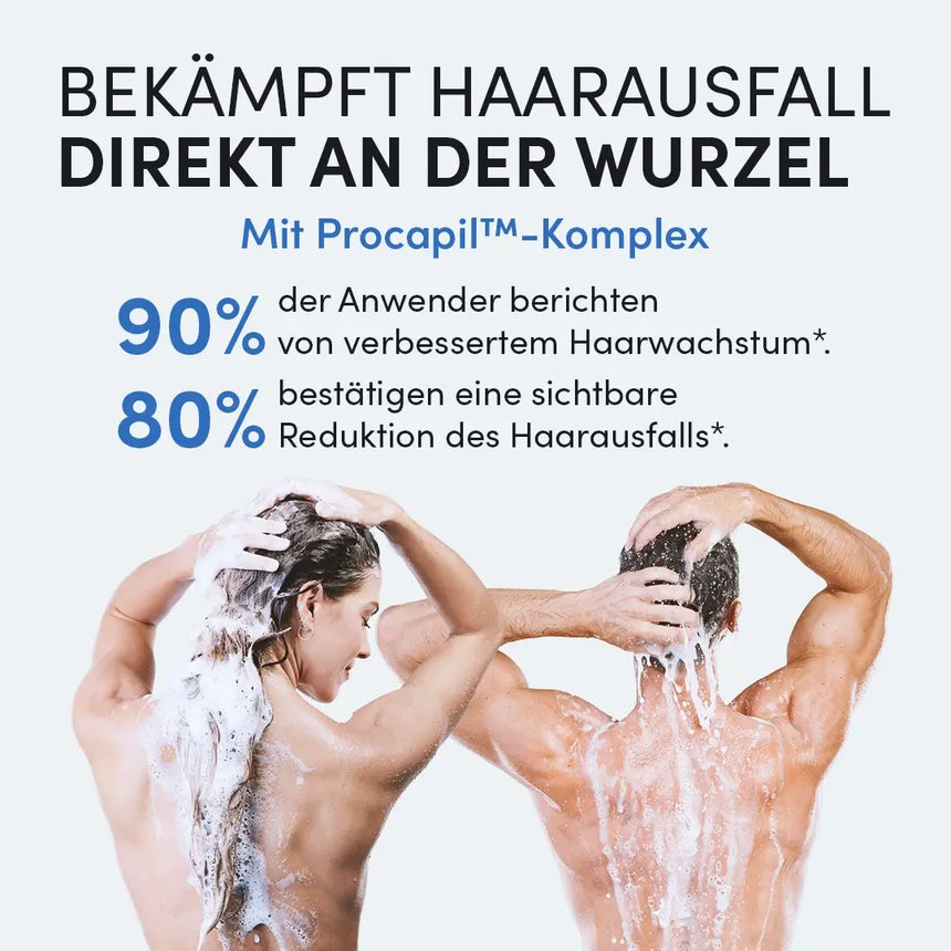Ein Mann und eine Frau waschen sich die Haare und präsentieren dabei das Dr. Balwi Meso Therapie Set - 90 % sehen ein verbessertes Haarwachstum und 80 % bemerken weniger Haarausfall, dank des wirksamen Serums, das die Ursache des Problems angeht.