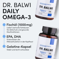 Abgebildet ist eine Flasche Dr. Balwi Shop Daily Omega 3 mit 1000 mg Fischöl mit EPA und DHA zur Unterstützung der Durchblutung der Kopfhaut, zur Förderung des Haarwachstums und zur Reduzierung des Haarausfalls in stabilen, leicht zu schluckenden Gelatinekapseln.
