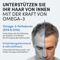 Ein Mann mittleren Alters mit schütterem Haar blickt nach unten, neben einem deutschen Text, der erklärt, wie Dr. Balwi Shop's Daily Omega 3 das Haarwachstum unterstützt, den Haarausfall reduziert, die Durchblutung der Kopfhaut verbessert, Entzündungen bekämpft und das Haar pflegt.