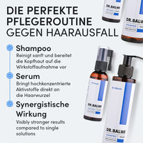 Infografik zum Dr. Balwi Shop Shampoo & Spray Set mit deutschem Text: Hilft gegen Haarausfall, ideal für die Haartransplantation Nachsorge durch Reinigung der Kopfhaut, Abgabe von Wirkstoffen und Zusammenwirken für optimale Ergebnisse.