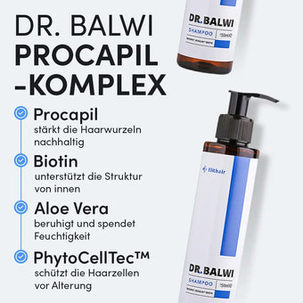 Ein Werbebild für das Dr. Balwi Shampoo aus dem Dr. Balwi Shop zeigt zwei Flaschen mit den wichtigsten Inhaltsstoffen - Procapil, Biotin, Aloe Vera, PhytoCellTec™ - für gesundes Haarwachstum und effektive Pflege bei Haarausfall.