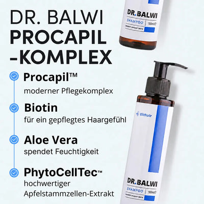 Es werden zwei Flaschen Dr. Balwi-Shampoo aus dem Dr. Balwi Shop gezeigt, deren Hauptinhaltsstoffe – Procapil, Biotin, Aloe Vera und PhytoCellTec – auf Deutsch als wohltuend für die Haarausfall-Pflege und das Haarwachstum sowie für die allgemeine Haarpflege und Feuchtigkeitsversorgung beschrieben werden.