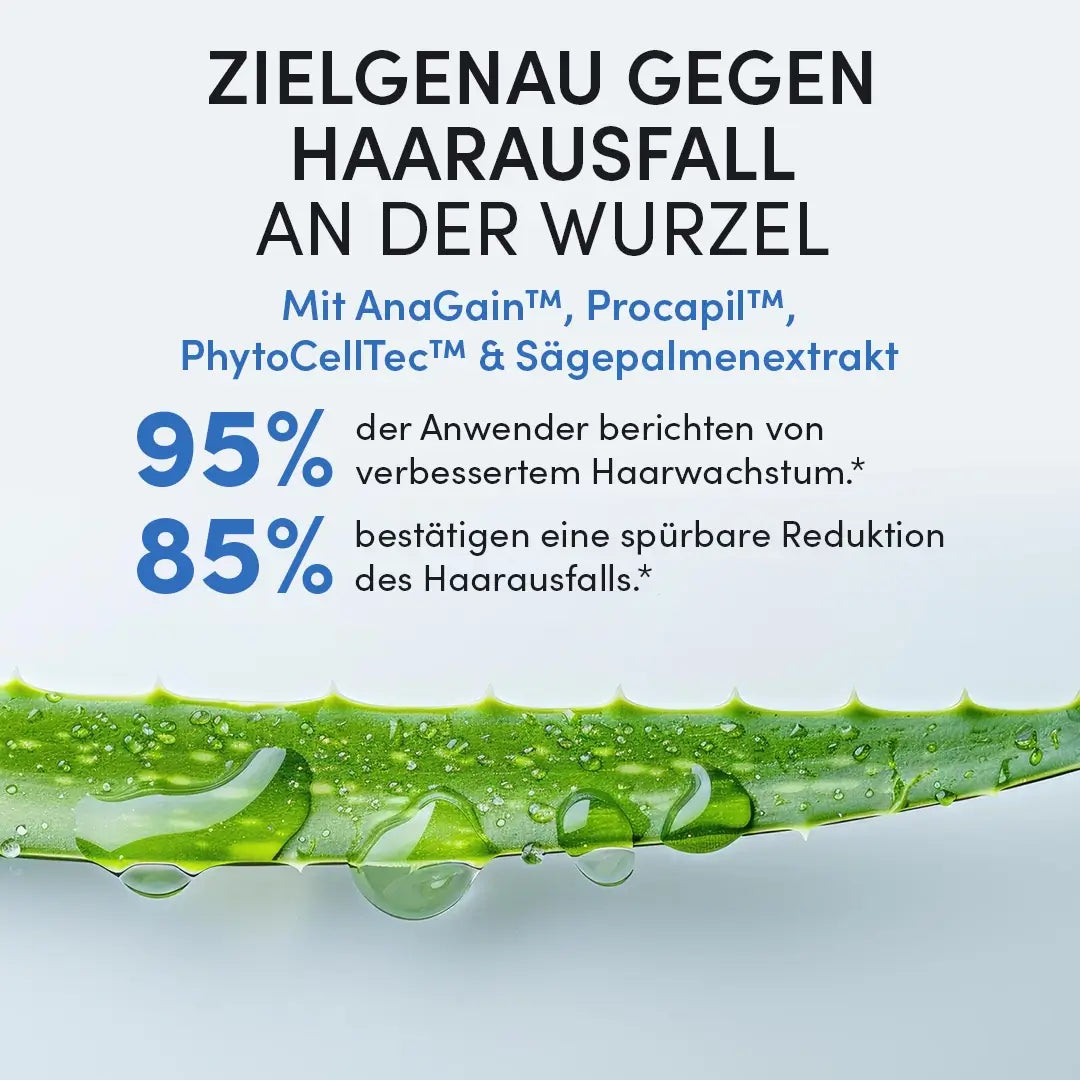 Aloe-Vera-Blatt mit Gel-Tropfen auf blauem Hintergrund. Oben, deutscher Text hebt Dr. Balwi Shop Shampoo & Spray Set hervor: 95% sahen Haarwachstum, 85% bemerkten weniger Haarausfall-ideal für Haarausfall Serum Benutzer und Haartransplantation Nachsorge.