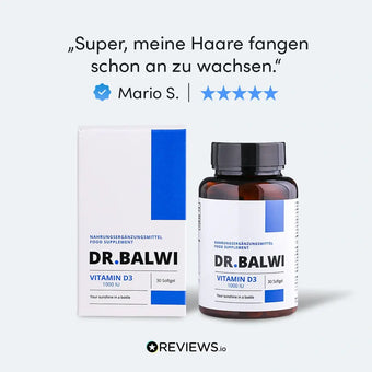 Eine deutsche Fünf-Sterne-Rezension erscheint über einer Flasche und Schachtel von Dr. Balwi Shop Vitamin D 1000 IE, ideal bei Vitamin D Mangel und Haarausfall, mit 30 Weichkapseln. Das Logo von Reviews.io wird unten angezeigt.