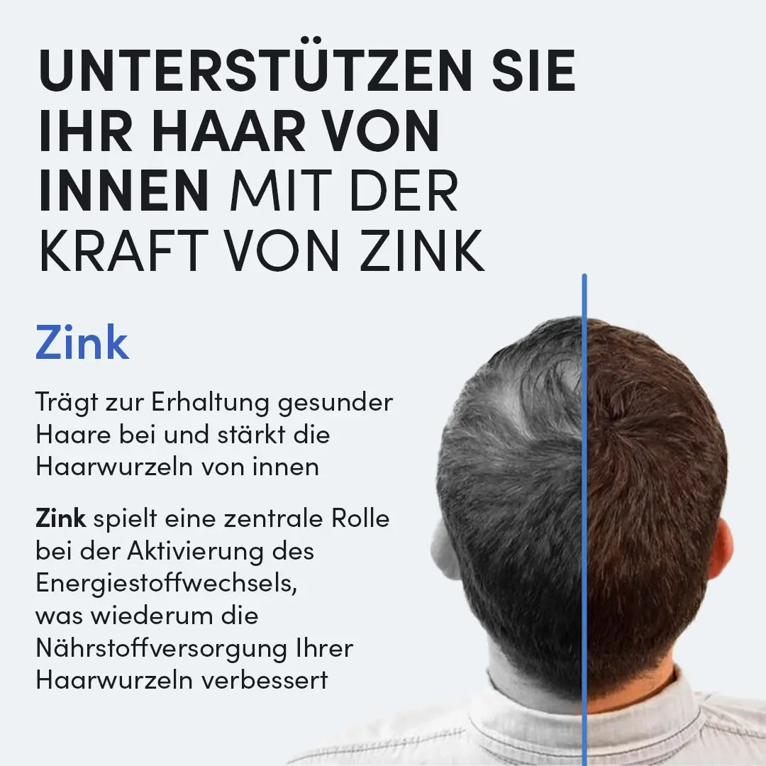 Ein Mann mit kurzem, lichtem Haar von hinten. Daneben ein Text: Zink Tabletten von Dr. Balwi Shop fördern das Haarwachstum, stärken die Wurzeln und unterstützen die Nährstoffversorgung für gesunde Haare.