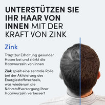 Ein Mann mit kurzem, lichtem Haar von hinten. Daneben ein Text: Zink Tabletten von Dr. Balwi Shop fördern das Haarwachstum, stärken die Wurzeln und unterstützen die Nährstoffversorgung für gesunde Haare.