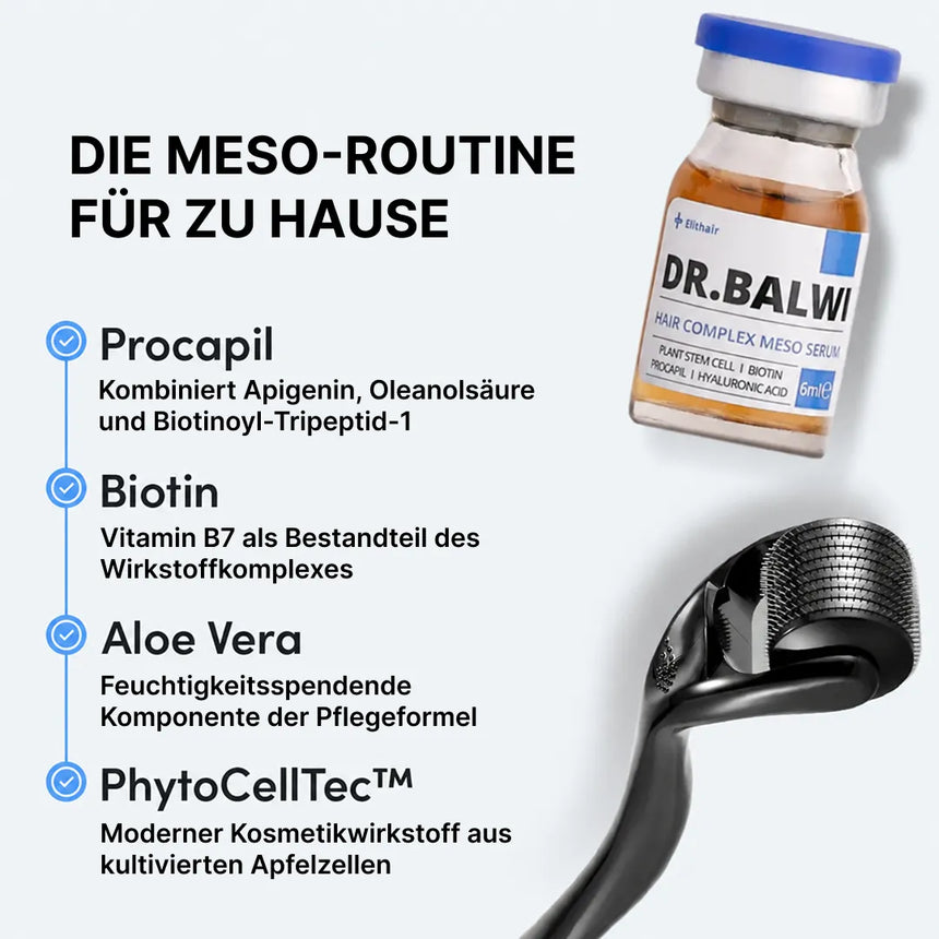 Dr. Balwi Meso-Therapie-Set von Dr. Balwi Shop: Enthält eine Flasche mit dem Dr. Balwi-Label, einen schwarzen Microneedling-Roller sowie Informationen zu den enthaltenen Inhaltsstoffen – Procapil, Biotin, Aloe Vera und PhytoCellTec™ – einschließlich einer kurzen Beschreibung der Vorteile jedes Wirkstoffs.  Überschrift: Die Meso-Routine für zu Hause – ideal zur Unterstützung bei Haarausfall mit dem wirksamen Meso-Serum und dem Microneedling-Roller von Dr. Balwi Shop.