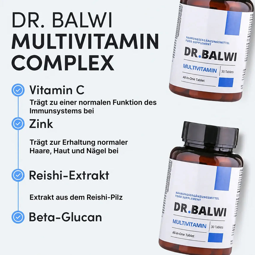 Es sind zwei Flaschen des Multivitamin-Komplexes von Dr. Balwi Shop abgebildet. Der Text hebt Vorteile wie Zink für das Haarwachstum, Vitamin C für gesundes Haar, Reishi-Pilz-Extrakt und Beta-Glucan zur Stärkung des Immunsystems hervor sowie die Förderung des allgemeinen Wohlbefindens, einschließlich gesunder Haut, Haare und Nägel.