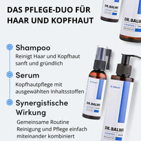 Die Flaschen aus dem „Dr. Balwi Shop Shampoo & Spray“-Set sind mit deutschen Texten versehen, die ihre sanften Reinigungs- und Kopfhautpflegeeigenschaften sowie ihre synergistischen Effekte bei gemeinsamer Anwendung hervorheben. Dieses Set eignet sich ideal zur Behandlung von Haarausfall und unterstützt zudem die effektive Nachsorge nach einer Haartransplantation, indem es ein gesundes Kopfhautmilieu fördert.