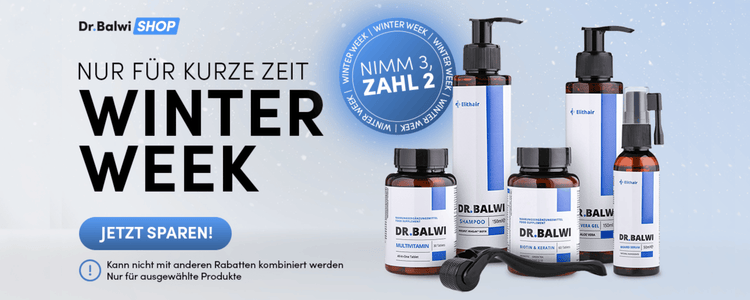Werbebanner für die Winterwoche des Dr. Balwi Shops. Mehrere Haarpflegeprodukte werden mit einem "Kaufe 3, zahle 2" Angebot dargestellt. Der Text ermutigt die Kunden, jetzt zu sparen. Blauer und weißer Hintergrund mit Wintermotiven.