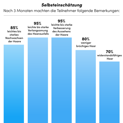 Ein deutsches Balkendiagramm zeigt, dass nach 3 Monaten Anwendung der Dr. Balwi Meso Therapie von shop.elithairtransplant 85 % ein Nachwachsen der Haare, 95 % einen langsameren Haarausfall, 95 % ein besseres Haaraussehen, 80 % weniger brüchiges Haar und 70 % mehr widerstandsfähige Haarfollikel feststellten.