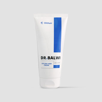 Eine weiße Tube mit der Aufschrift Dr. Balwi Styling & Repair Creme 200 ml mit blauen Akzenten und dem Logo des Dr. Balwi Shops mit Arganöl für effektive Haarpflege steht aufrecht vor einem hellgrauen Hintergrund.