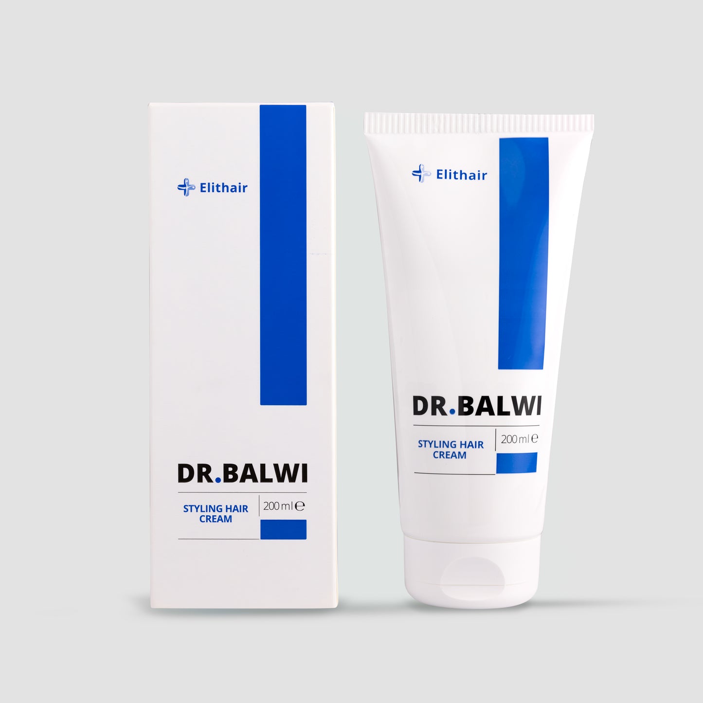 Eine weiße Tube und eine Schachtel Dr. Balwi Styling & Repair Creme von shop.elithairtransplant, beide mit blauen Akzenten und dem Elithair-Logo, sind auf hellgrauem Hintergrund abgebildet. Jede Einheit enthält 200 ml.