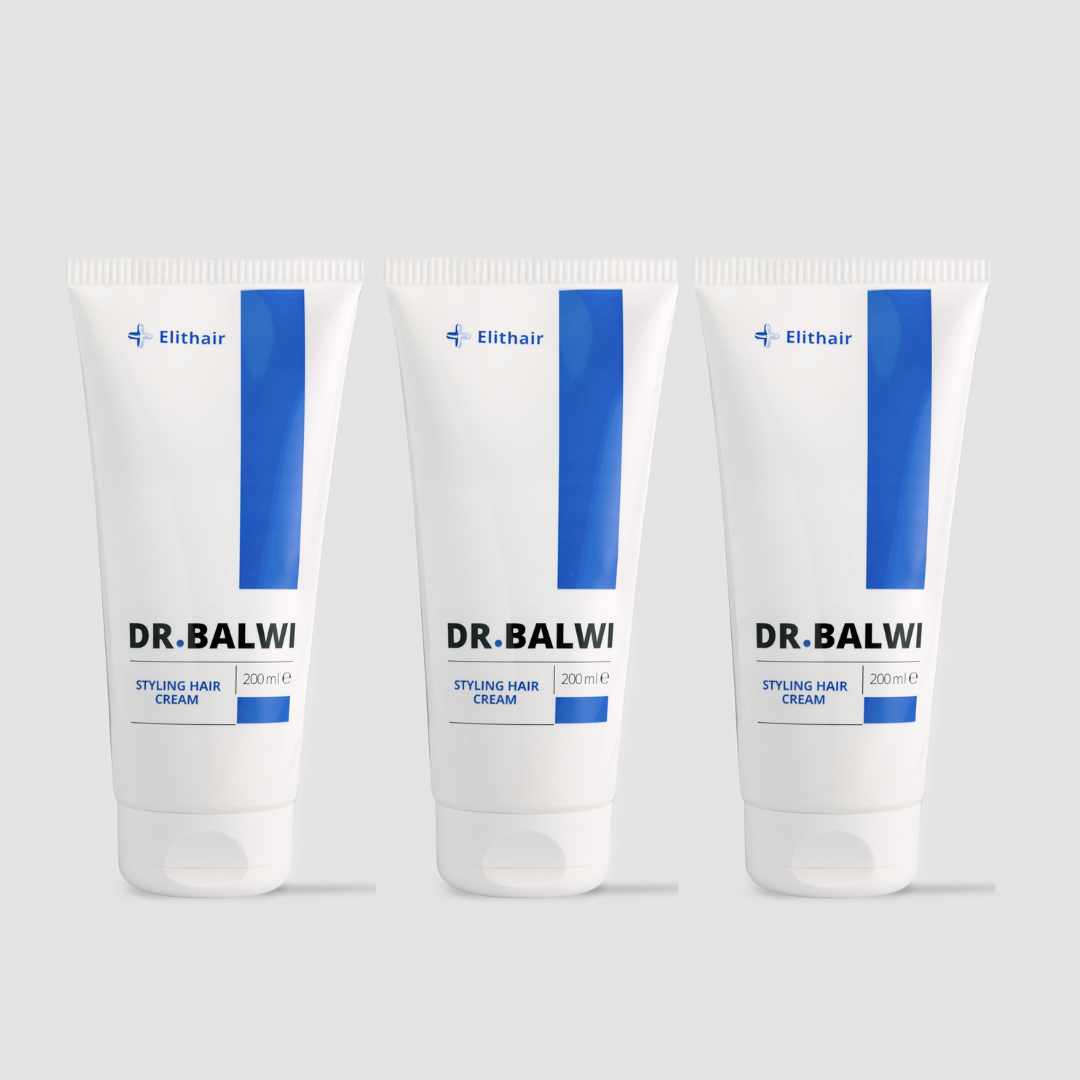 Drei weiße Tuben der Dr. Balwi Styling & Repair Creme (200 ml) mit blauen Akzenten stehen aufrecht auf einem hellgrauen Hintergrund. Oben ist die Marke Dr. Balwi Shop abgebildet, und in der Rezeptur wird das nährende Arganöl hervorgehoben.