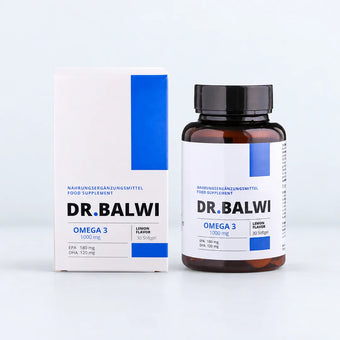 Eine weiße Schachtel und eine dunkelbraune Plastikflasche mit Daily Omega 3 von Dr. Balwi Shop, beide mit der Angabe 1000 mg, Zitronengeschmack und 30 Softgels auf dem Etikett.