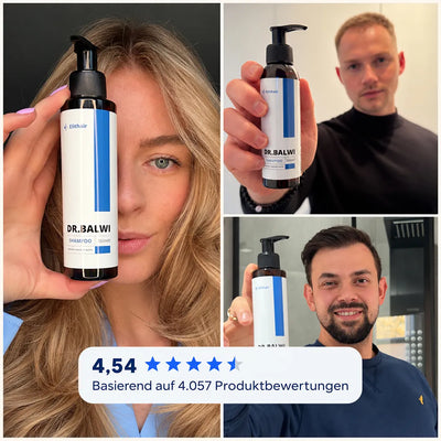 Drei Personen, die jeweils eine Flasche Dr. Balwi Shampoo in der Hand halten, mit einer eingeblendeten Bewertung von 4,54 Sternen basierend auf 4.057 Bewertungen.