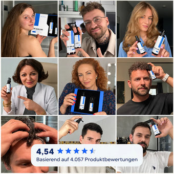 Collage aus neun Fotos, die Menschen zeigen, die das Dr. Balwi Haarserum gegen Haarausfall anwenden, mit einer eingeblendeten Kundenbewertung von 4,54 Sternen, basierend auf 4.057 Bewertungen.