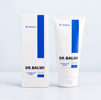 Dr. Balwi Styling & Repair Creme in einer weißen Schachtel und einer dazu passenden weißen Tube, beide mit einem blauen Streifen und Schriftzug.