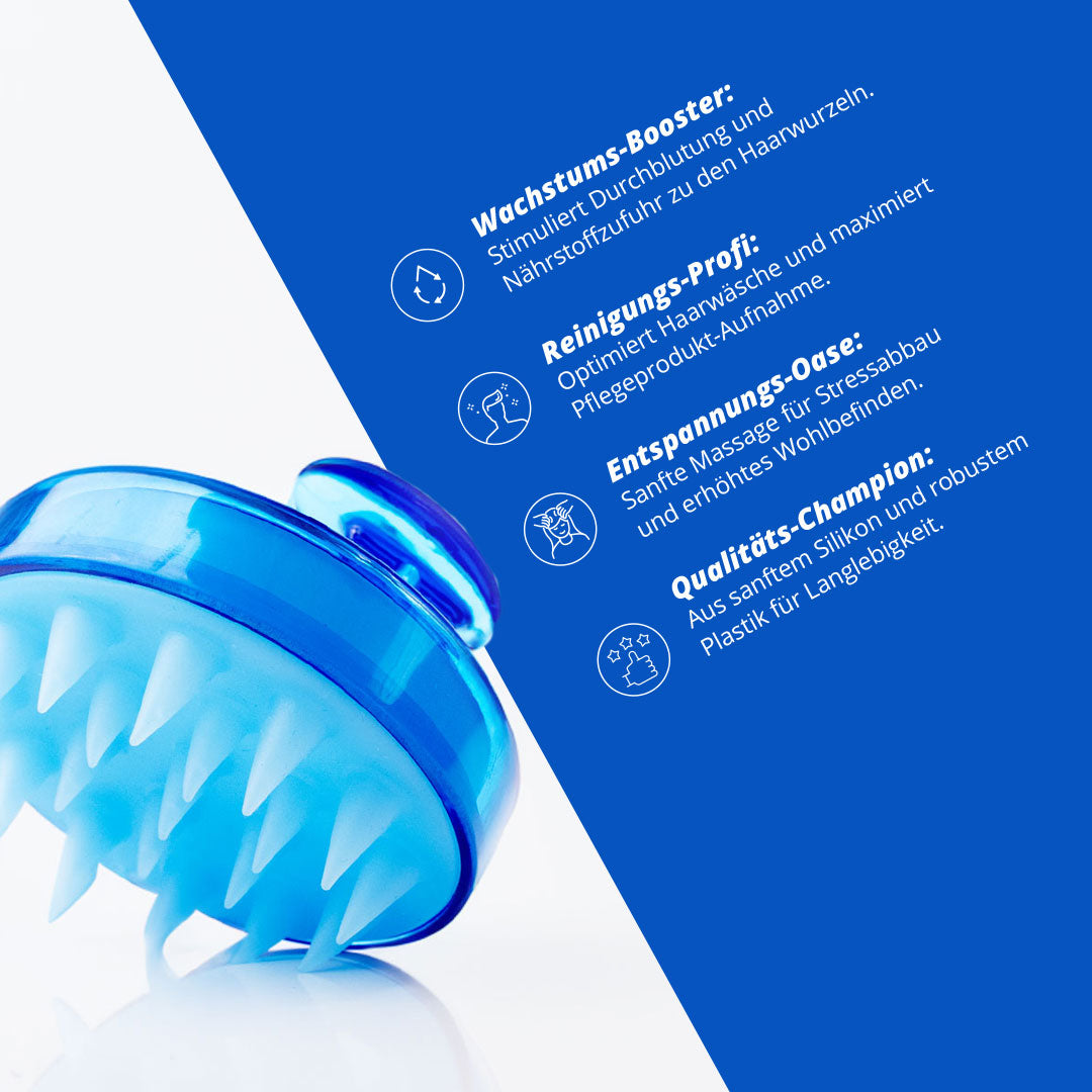 Auf weiß-blauem Hintergrund ist die Dr. Balwi Massagebürste von shop.elithairtransplant abgebildet, ein blaues Silikon-Kopfhautmassagegerät mit weichen Borsten. Deutscher Text hebt Haarwachstumsstimulation, Kopfhautpflege und hohe Qualität hervor.