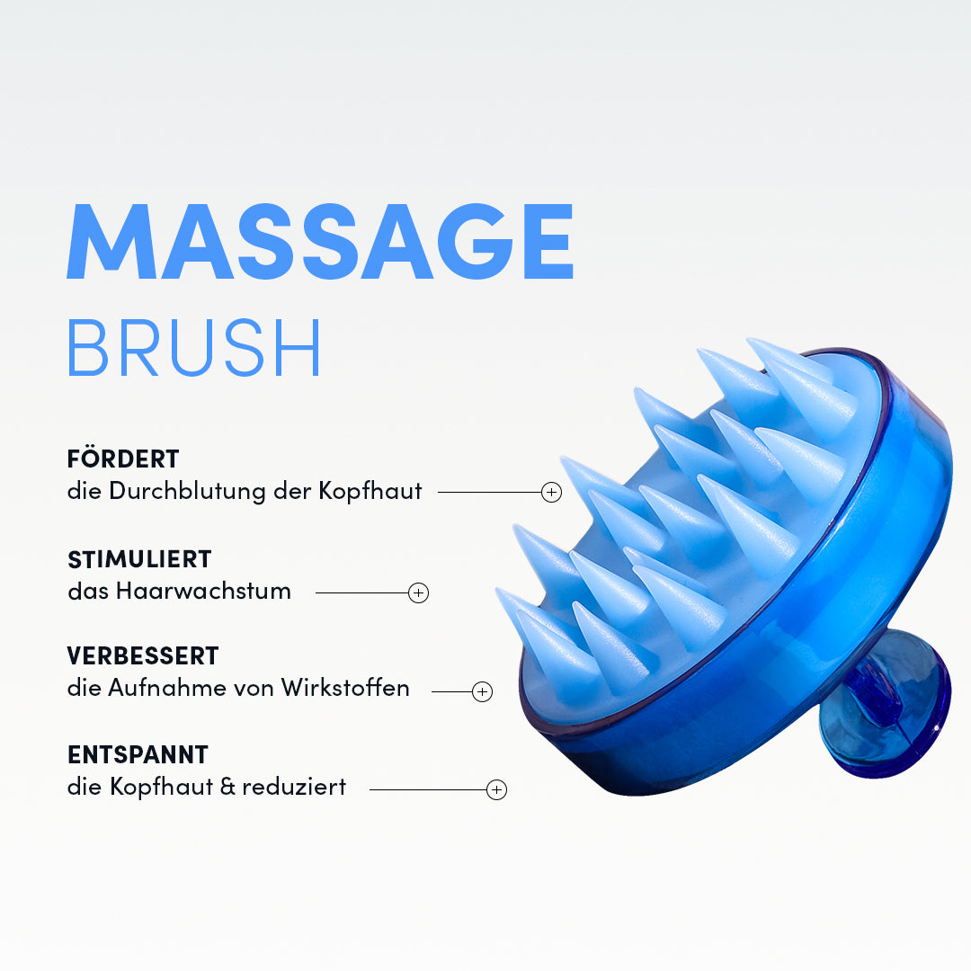 Die Anti-Haarausfall-Routine von shop.elithairtransplant wird mit einer blauen Kopfhautmassagebürste mit weichen, spitzen Borsten präsentiert. Der deutsche Text hebt die Vorteile hervor: Fördert die Durchblutung, regt das Haarwachstum an und entspannt die Kopfhaut.