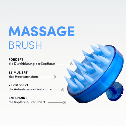 Die Anti-Haarausfall-Routine von shop.elithairtransplant wird mit einer blauen Kopfhautmassagebürste mit weichen, spitzen Borsten präsentiert. Der deutsche Text hebt die Vorteile hervor: Fördert die Durchblutung, regt das Haarwachstum an und entspannt die Kopfhaut.