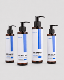 Vier Dr. Balwi Shampoo-Flaschen aus dem Dr. Balwi Shop, in zwei Größen mit weißen und blauen Ethair-Etiketten, sind auf einem hellgrauen Hintergrund abgebildet - perfekt für Haarwachstum und Haarausfallpflege.